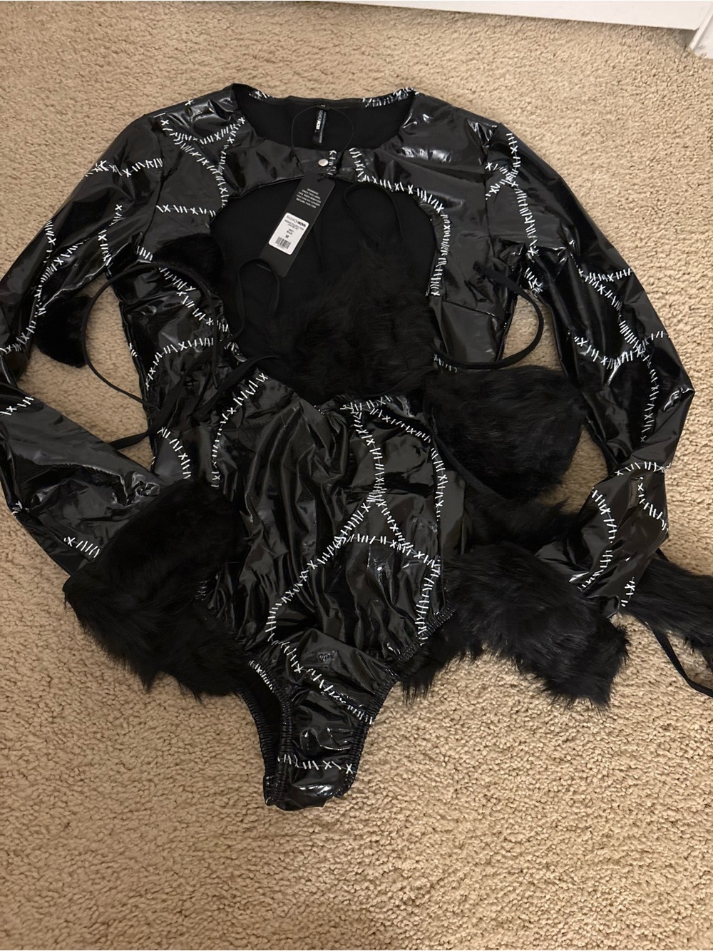 Fashion Nova Black Faux Fur & Patent Long Sleeve Bodysuit